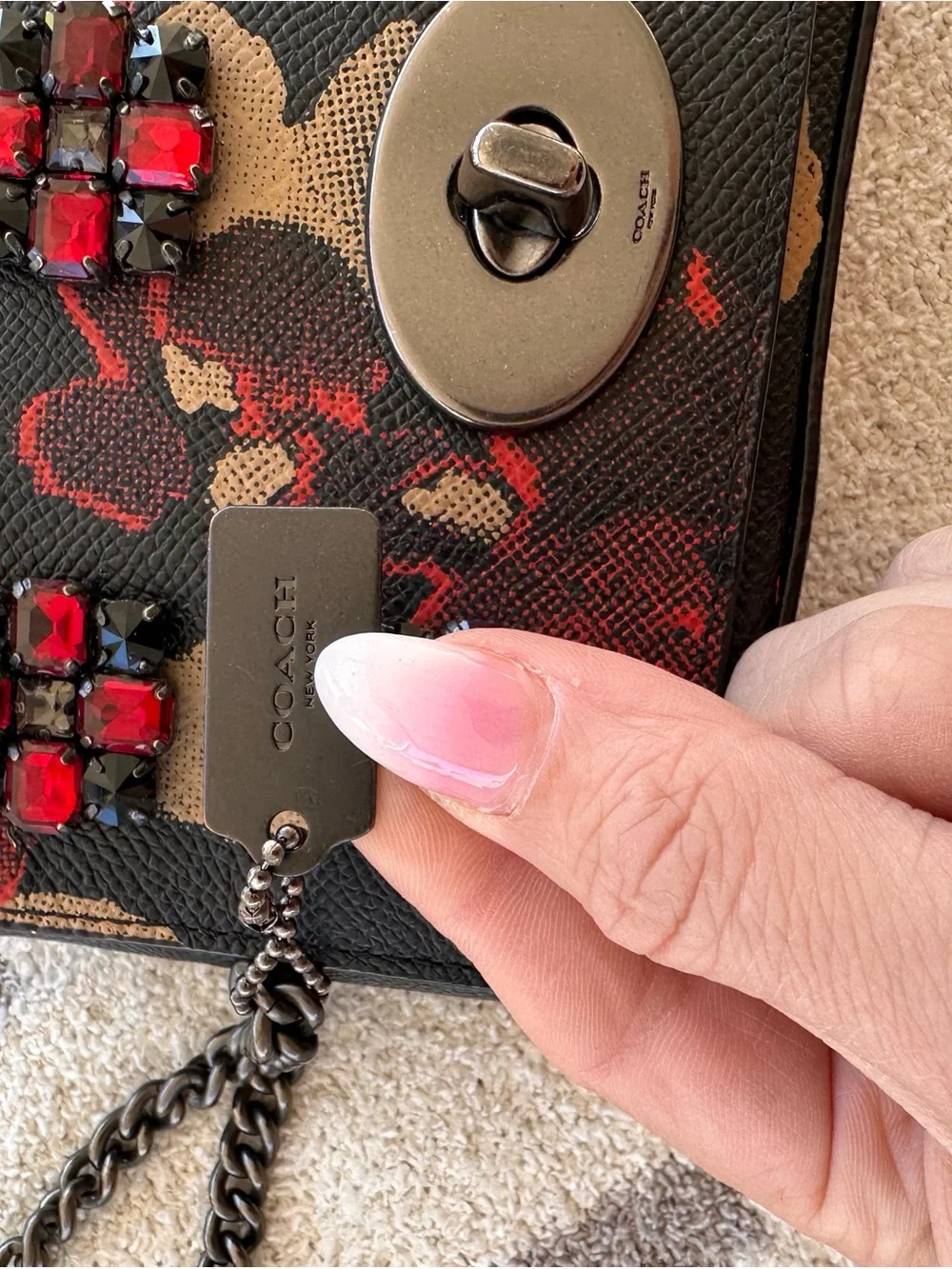 Coach Black Floral Mini Crossbody with Red Jewel Accents